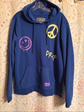 Brooklyn Cloth Blue Crewneck Hoodie with Yellow Peace & Pink Smile Graphics